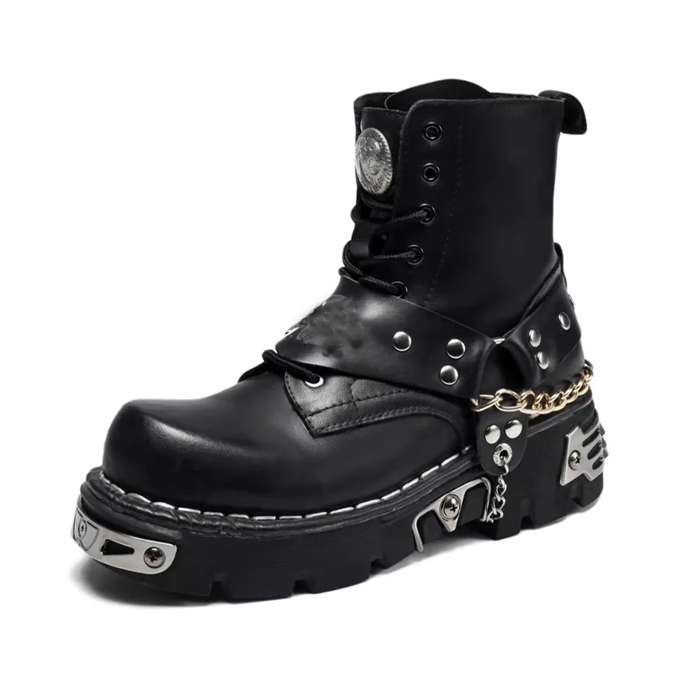 Motorcycle Chain - 남성 패션 천연 가죽 모터사이클 부츠,